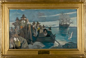 By the American illustrator and artist Henry Botkin (1896-1983), this “Landing of the Pilgrims” was one of several paintings by Botkin commissioned by the Old Colony Trust Company for a 1920 publication, "New England Old and New."
